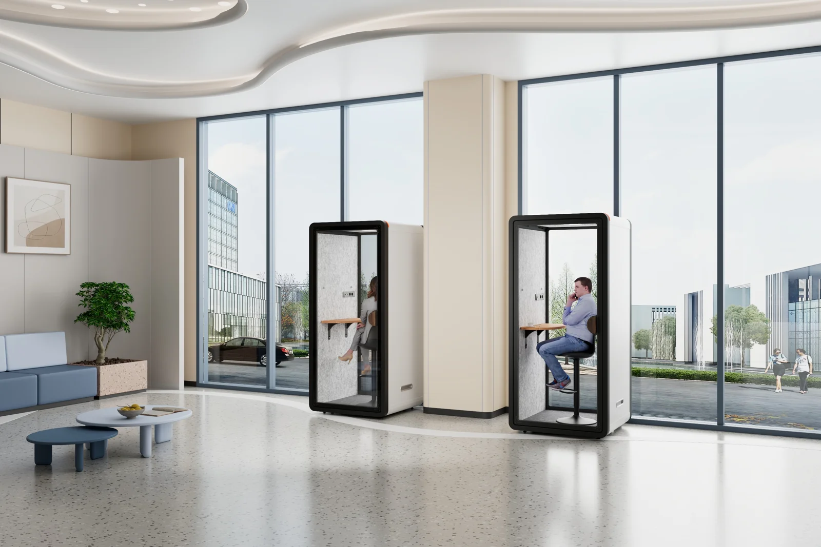 MPD114 phone booths beside large office windows