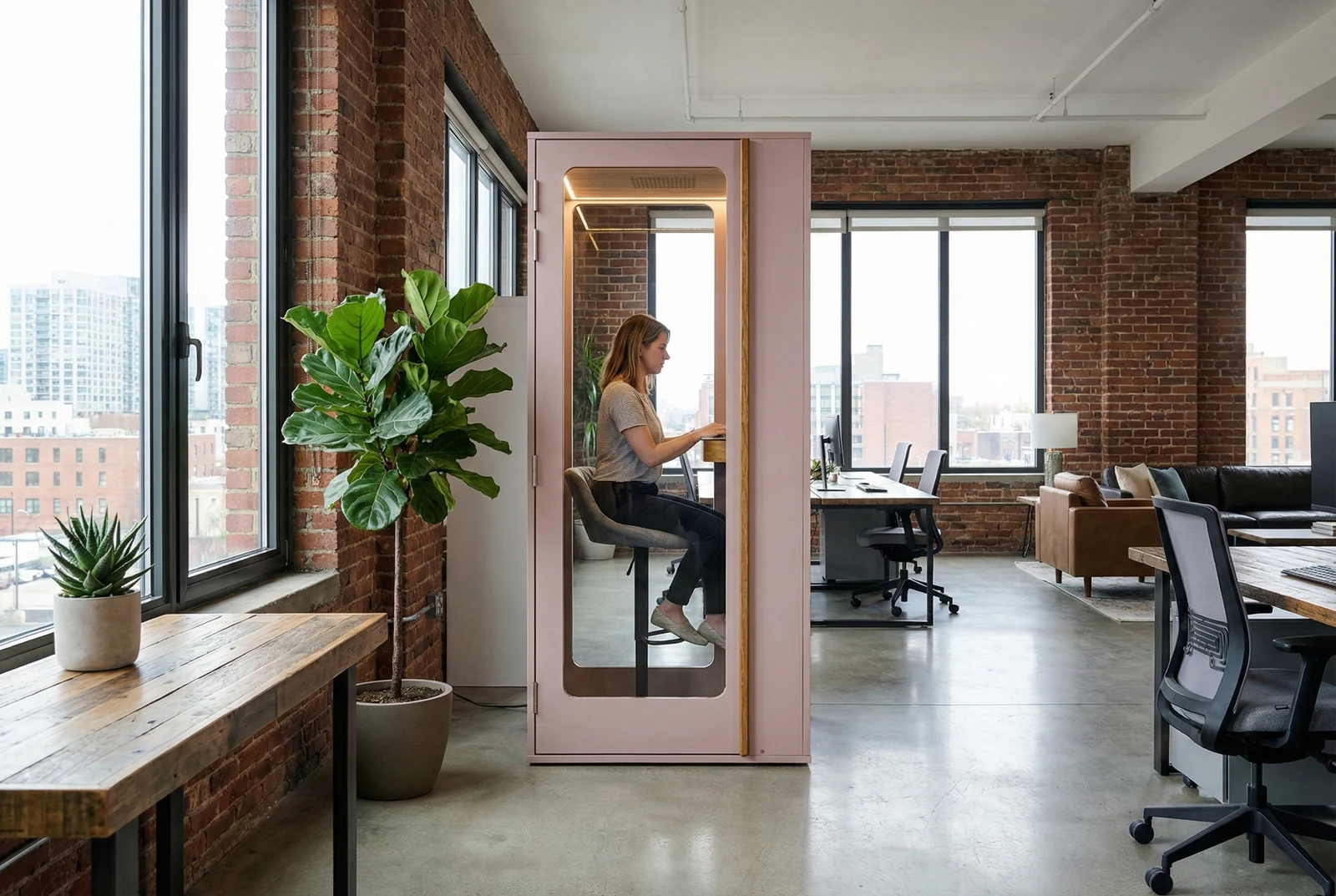 Haven One in pink, shown with a seated user beside office windows.