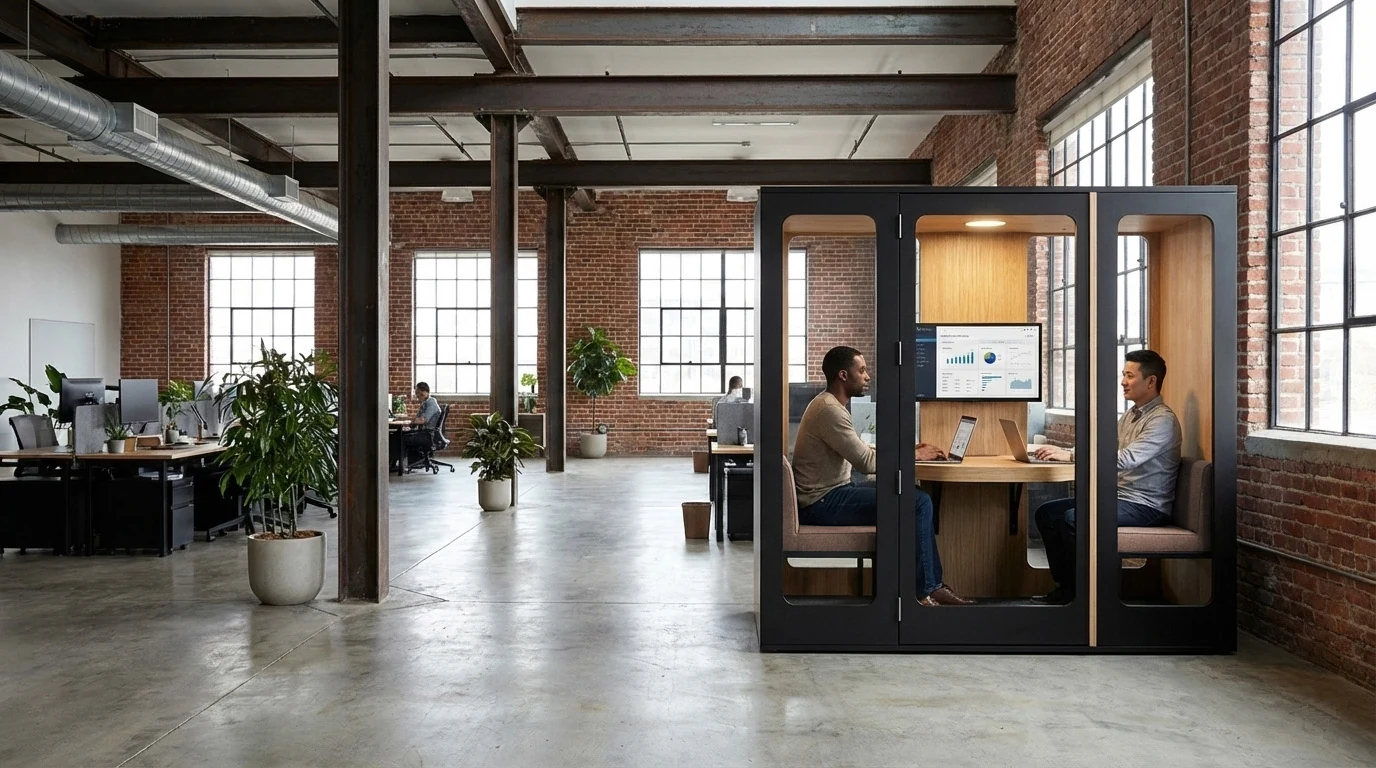 Haven Two in black, shown with facing seating and laptops.