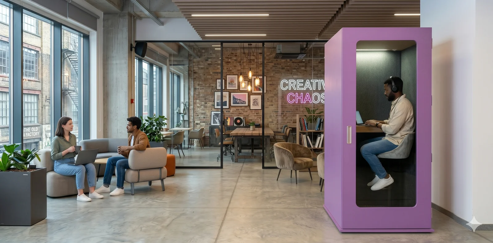 Supplied workspace visualisation showing a purple MEAVO Soho booth