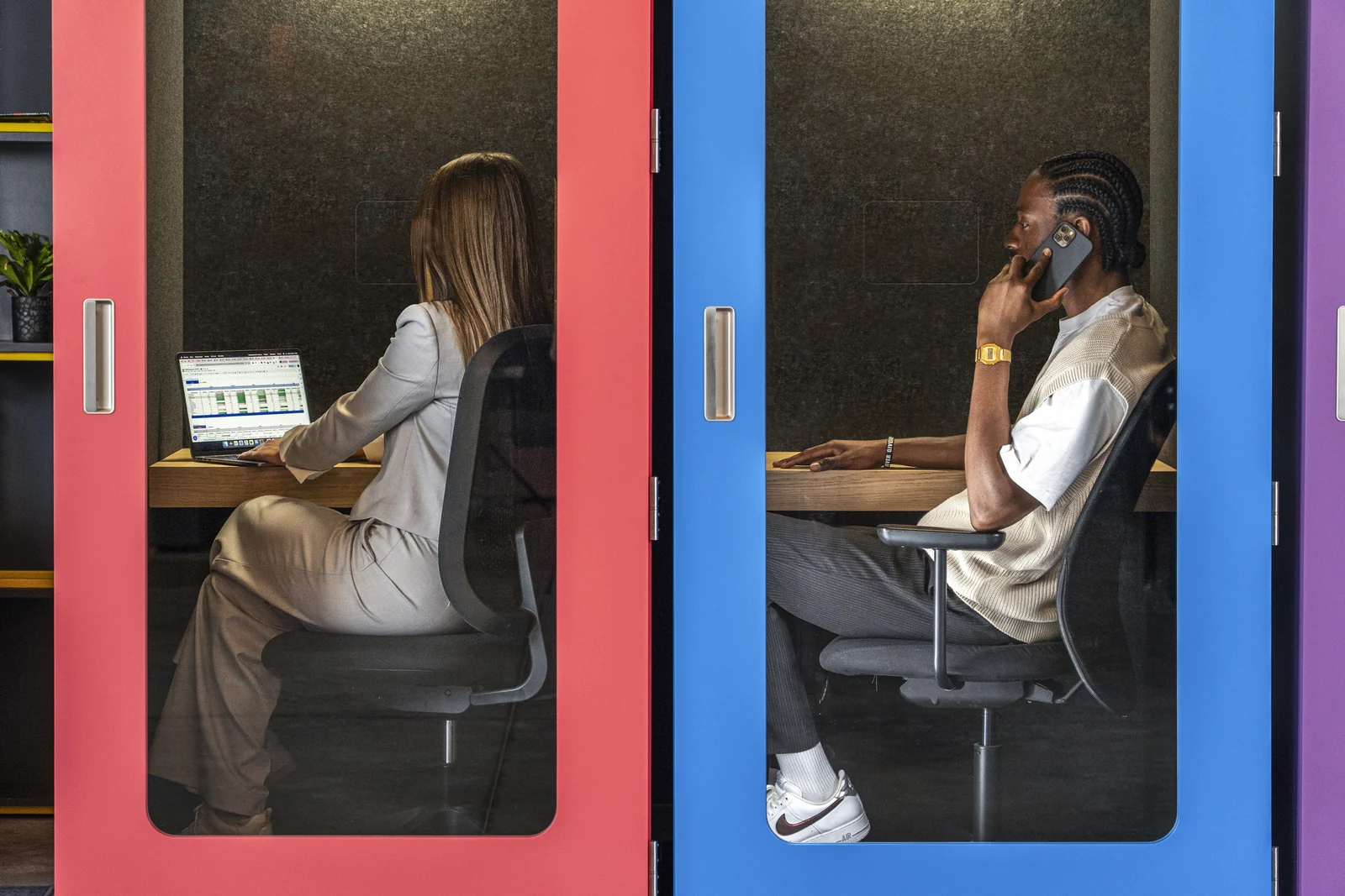 Two MEAVO Workstation pods used for laptop work and phone calls