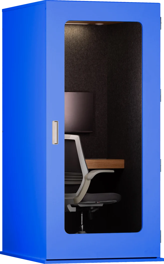 Blue MEAVO Workstation focus pod with desk, office chair and monitor