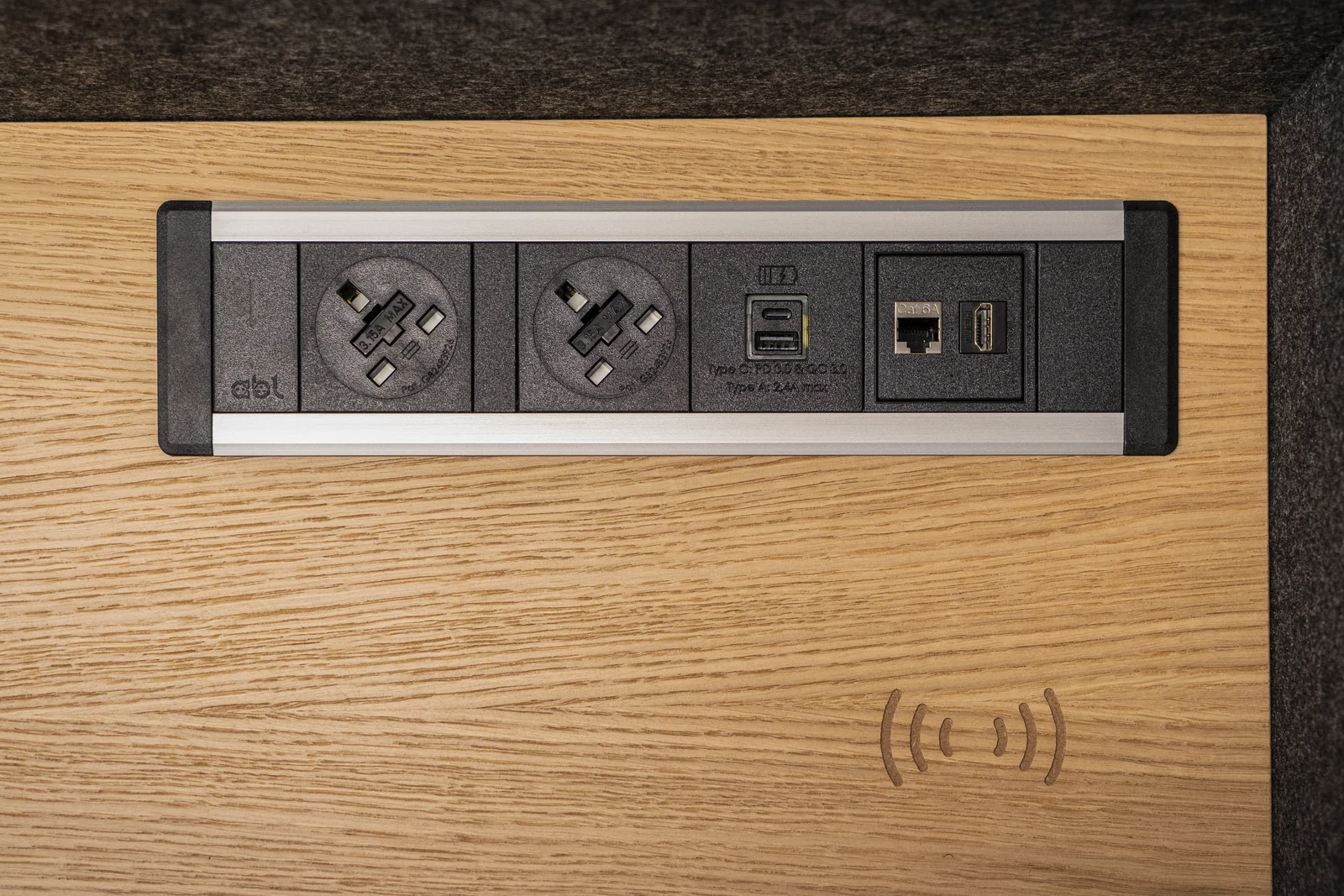 MEAVO Workstation desktop connections with UK sockets, USB, Ethernet and HDMI